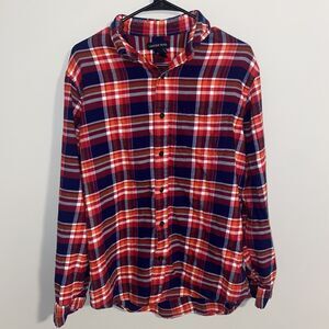 Lands End Shirt Mens Medium Tall Red Blue Plaid Long Sleeve Flannel Button Up